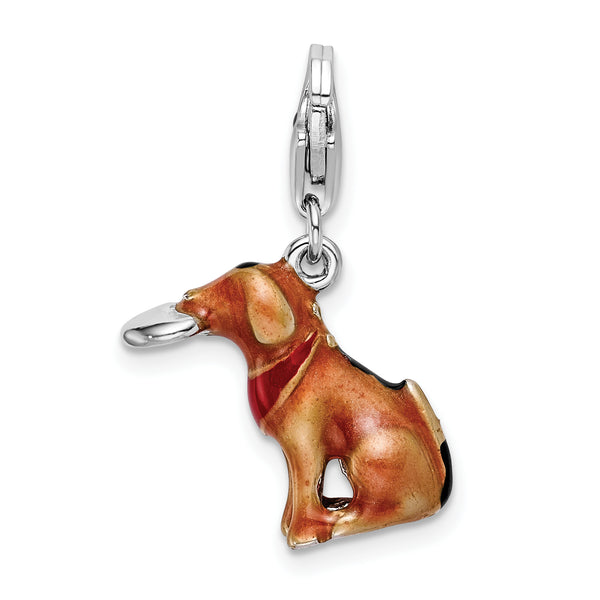 Sterling Silver 3-D Enamel Light Brown Dog & Toy W/Lobster Claw Clasp Clasp Charm Charms