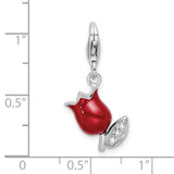 Sterling Silver CZ Red Enameled Tulip Flower W/Lobster Claw Clasp Clasp Charm Charms