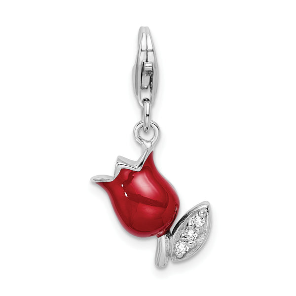 Sterling Silver CZ Red Enameled Tulip Flower W/Lobster Claw Clasp Clasp Charm Charms