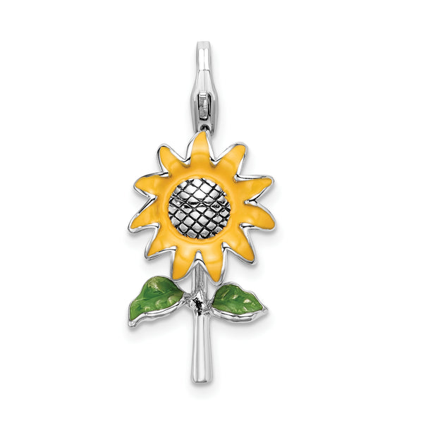 3D Enamel Sunflower Charm in Sterling Silver