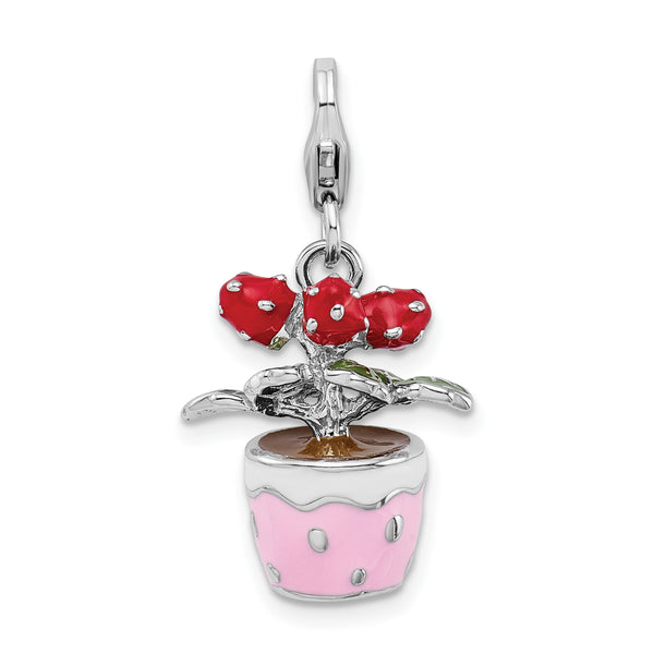 Sterling Silver 3-D Enameled Flowers in Pot with Lobster Clasp Charm