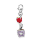 Sterling Silver 3-D Red Enamel Potted Tulip Flower W/Lobster Claw Clasp Clasp Charm Charms