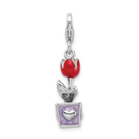 Sterling Silver 3-D Red Enamel Potted Tulip Flower W/Lobster Claw Clasp Clasp Charm Charms