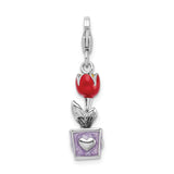 Sterling Silver 3-D Red Enamel Potted Tulip Flower W/Lobster Claw Clasp Clasp Charm Charms