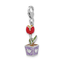 Sterling Silver 3-D Red Enamel Potted Tulip Flower W/Lobster Claw Clasp Clasp Charm Charms