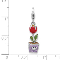 Sterling Silver 3-D Red Enamel Potted Tulip Flower W/Lobster Claw Clasp Clasp Charm Charms