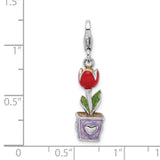 Sterling Silver 3-D Red Enamel Potted Tulip Flower W/Lobster Claw Clasp Clasp Charm Charms