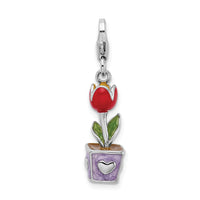 Sterling Silver 3-D Red Enamel Potted Tulip Flower W/Lobster Claw Clasp Clasp Charm Charms
