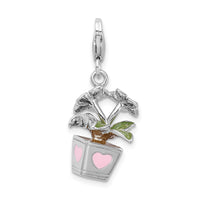 Sterling Silver 3-D Enameled Potted Flowers W/Lobster Claw Clasp Clasp Charm Charms