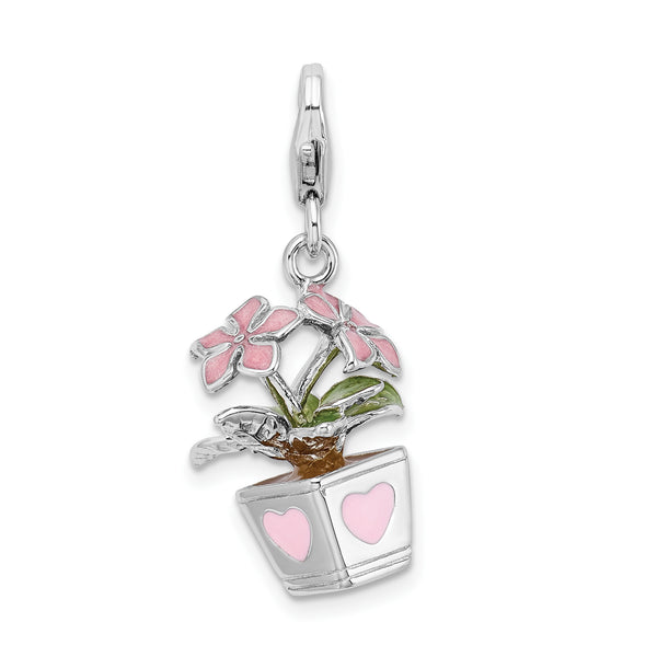 Sterling Silver 3-D Enameled Potted Flowers W/Lobster Claw Clasp Clasp Charm Charms