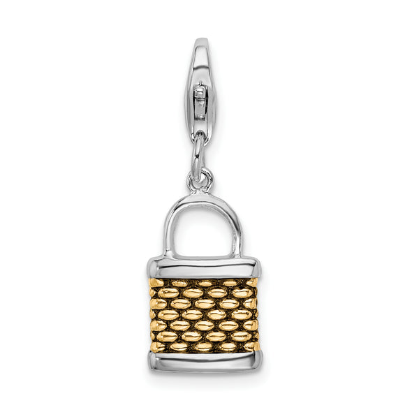 Sterling Silver Gold-plated 3-D Fishing Basket W/Lobster Claw Clasp Clasp Charm Charms