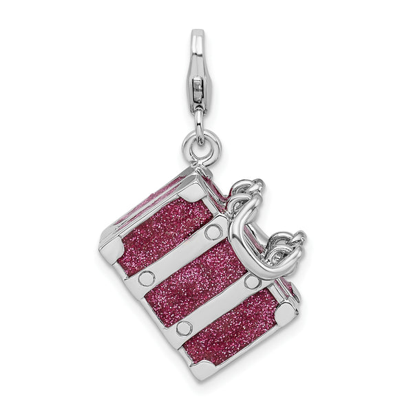 Sterling Silver 3-D Enameled Fuschia Luggage with Lobster Clasp Charm