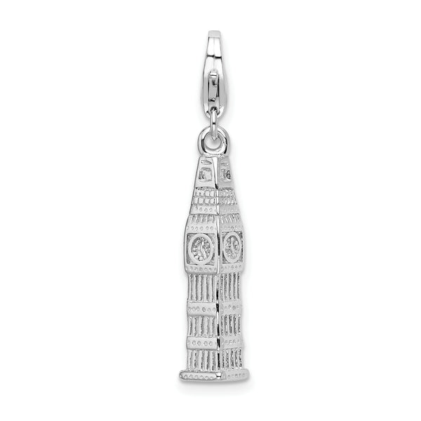 Amore LaVita Sterling Silver 3-D Polished Clock Tower with Lobster Clasp Charm