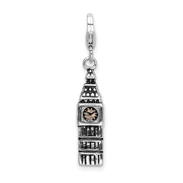 Sterling Silver 3-D Antiqued Big Ben W/Lobster Claw Clasp Clasp Charm Charms
