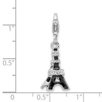 Sterling Silver 3-D Black Enameled CZ Eiffel Tower W/Lobster Claw Clasp Clasp Charm Charms