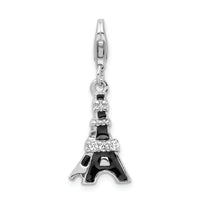 Sterling Silver 3-D Black Enameled CZ Eiffel Tower W/Lobster Claw Clasp Clasp Charm Charms