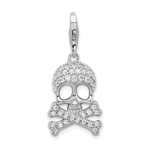 Amore LaVita Sterling Silver CZ Skull and Cross Bones with Lobster Clasp Charm