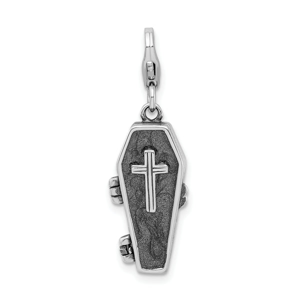 Goldia Sterling Silver 3-d Antiqued Enameled Skeleton in Casket W/Lobster Claw Clasp Ch