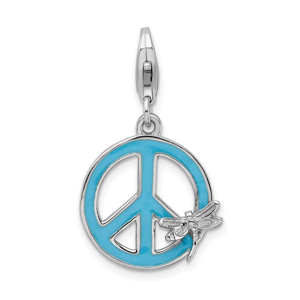 Sterling Silver Enamel Peace Sign With Dragonfly W/Lobster Claw Clasp Clasp Charm Charms