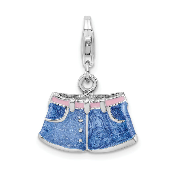 Sterling Silver 3-D Enameled Blue Jean Shorts W/Lobster Claw Clasp Clasp Charm Charms