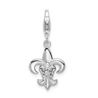 Sterling Silver CZ Polished Fleur De Lis W/Lobster Claw Clasp Clasp Charm Charms