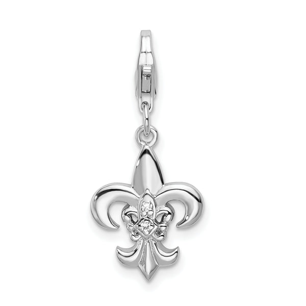 Sterling Silver CZ Polished Fleur De Lis W/Lobster Claw Clasp Clasp Charm Charms