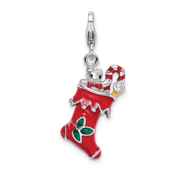 Sterling Silver 3-d Red Enameled Holiday Stocking W/lobster Clasp Charm
