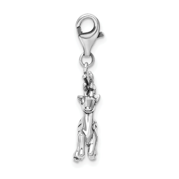 Sterling Silver 3-D Polished Reindeer with Lobster Clasp Charm