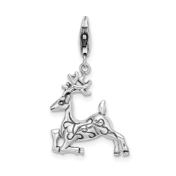 Sterling Silver 3-D Polished Reindeer with Lobster Clasp Charm