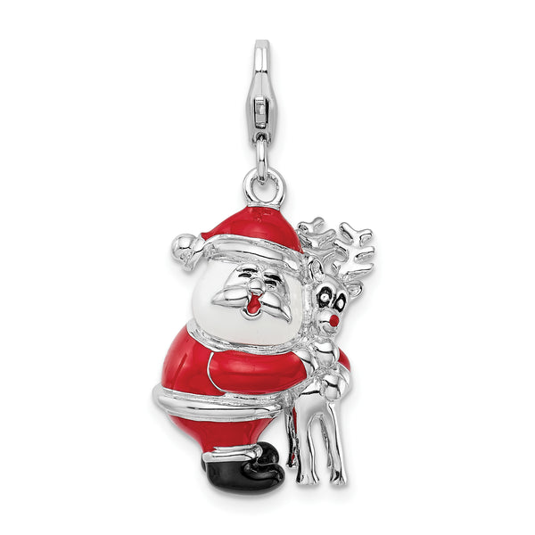 Amore LaVita Sterling Silver 3-D Enameled Santa and Reindeer with Lobster Clasp Charm
