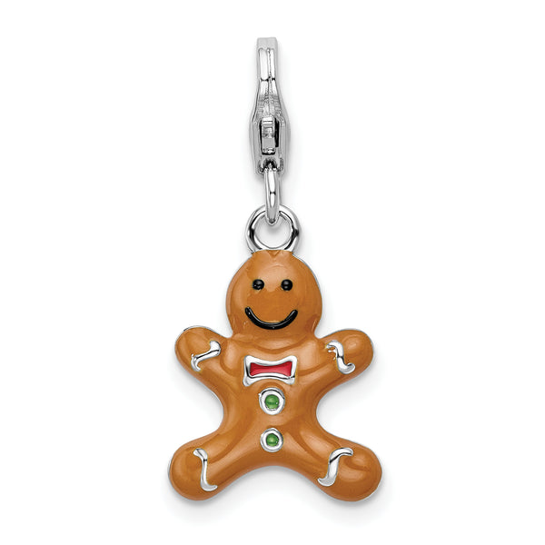 Sterling Silver 3-d Enameled Gingerbread Cookie W/lobster Clasp Charm