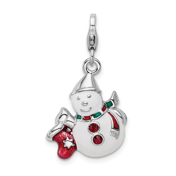 SS RH Enameled Swarovski Crystals Snowman w/Lobster Clasp Charm Fine Jewelry Gift For Her For Women