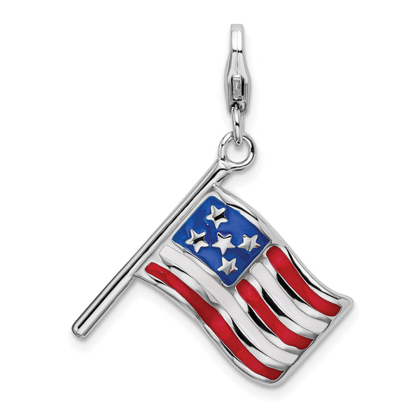Sterling Silver 3-D Enameled American Flag W/Lobster Claw Clasp Clasp Charm Charms