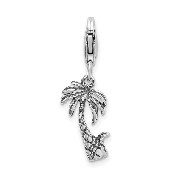 Sterling Silver 3-D Antiqued Palm Tree with Lobster Clasp Charm