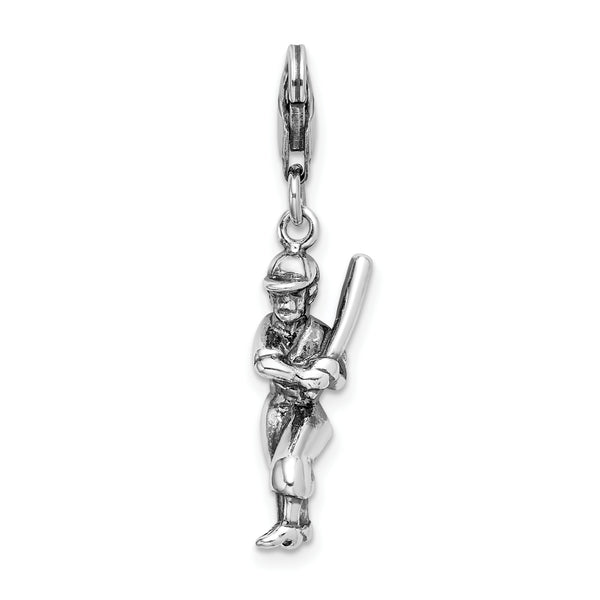 Amore LaVita Sterling Silver 3-D Antiqued Baseball Player with Lobster Clasp Charm