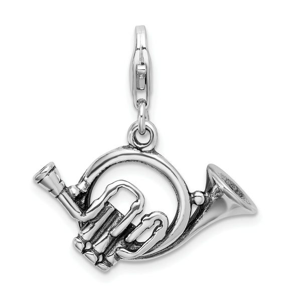 Sterling Silver 3-D Antiqued French Horn W/Lobster Claw Clasp Clasp Charm Charms