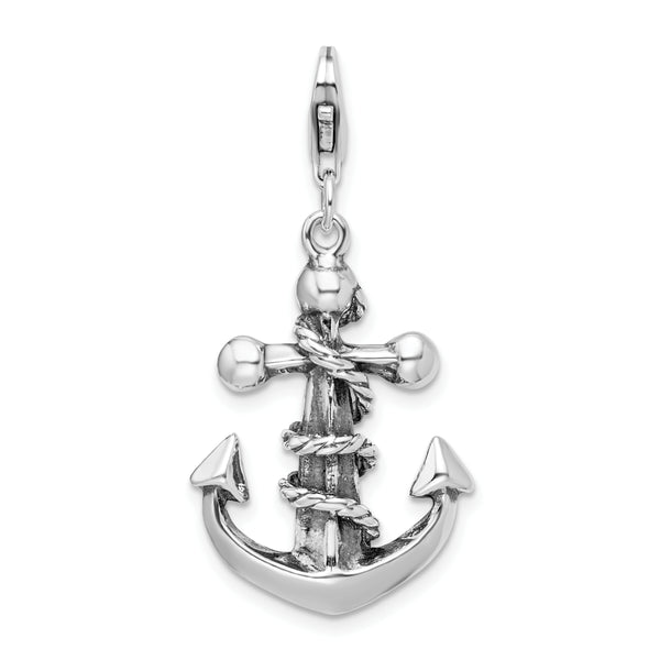 Sterling Silver 3-D Antiqued Anchor & Rope W/Lobster Claw Clasp Clasp Charm Charms