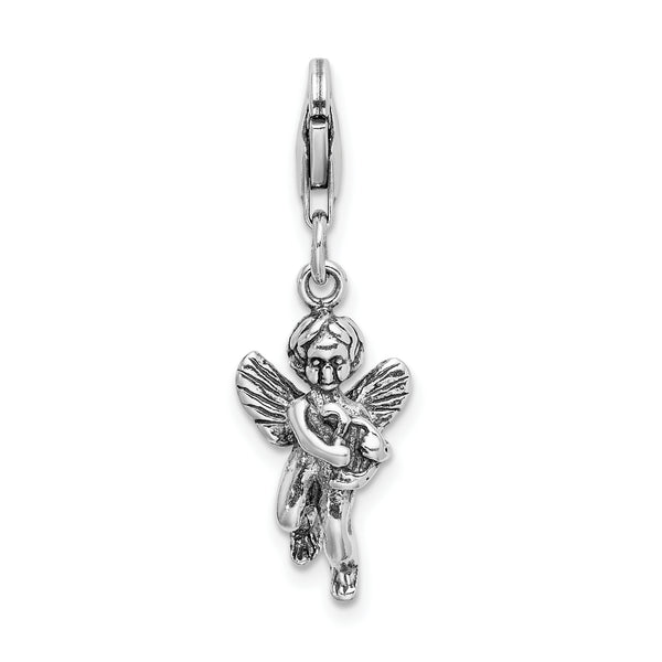 Sterling Silver 3D Antiqued Angel & Harp with Lobster Clasp Charm