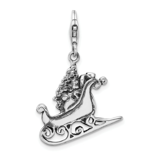 Sterling Silver 2D Antiqued Sleigh W/Lobster Claw Clasp Clasp Charm Charms