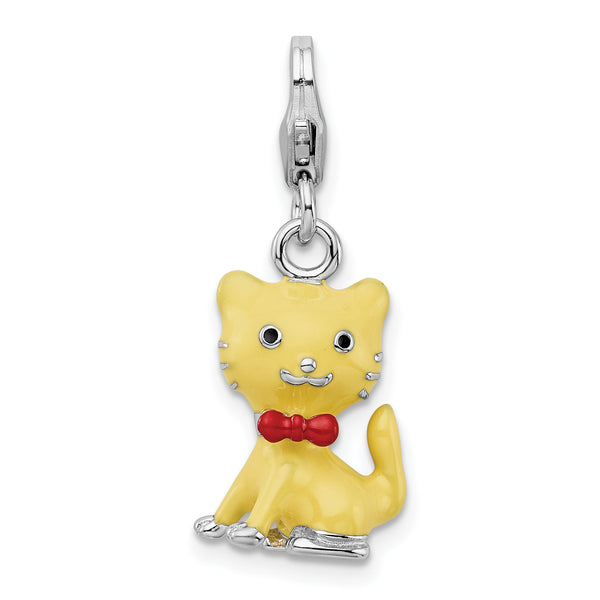 Sterling Silver Enameled 3-D Cat W/bow Tie W/Lobster Claw Clasp Clasp Charm Charms
