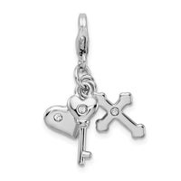 925 Sterling Silver Heart Cross and Key with Lobster Clasp Charm