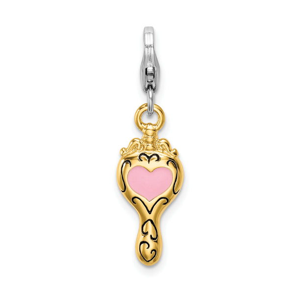 Sterling Silver Enameled 3-D Gold Plated Heart Mirror w/Lobster Clasp Charm