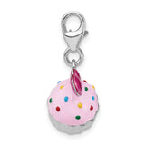 925 Sterling Silver Enameled 3-D Cupcake and Heart with Lobster Clasp Charm