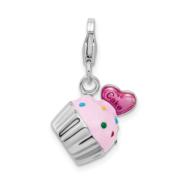 925 Sterling Silver Enameled 3-D Cupcake and Heart with Lobster Clasp Charm