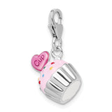 925 Sterling Silver Enameled 3-D Cupcake and Heart with Lobster Clasp Charm