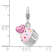 925 Sterling Silver Enameled 3-D Cupcake and Heart with Lobster Clasp Charm