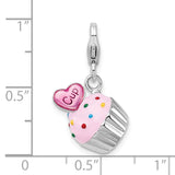 925 Sterling Silver Enameled 3-D Cupcake and Heart with Lobster Clasp Charm