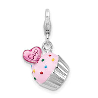 925 Sterling Silver Enameled 3-D Cupcake and Heart with Lobster Clasp Charm