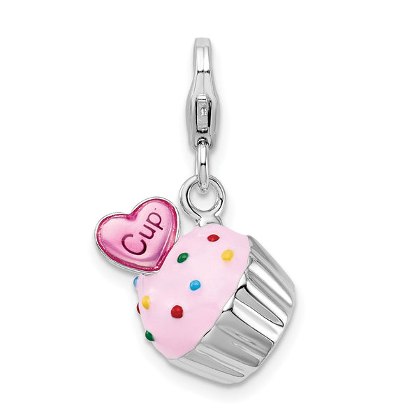 925 Sterling Silver Enameled 3-D Cupcake and Heart with Lobster Clasp Charm