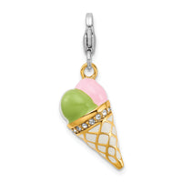 Sterling Silver Enameled 3-D Gold Plated Ice Cream Cone w/Lobster Claw Clasp Clasp Cha
